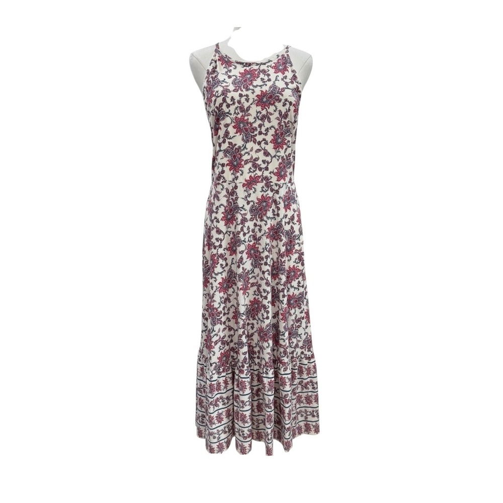 Chaps Red Blue Paisley Floral Cotton Halter Maxi Dress Tiered Hem Cottagecore L - Picture 8 of 8